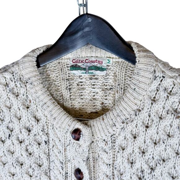 Celtic Country Men's Medium Cream 100% Wool Round Neck Cardigan Sweater Ireland - Picture 3 of 13